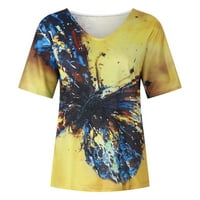 Tklpehg дамски летни върхове с къси ръкави тениски Просветка мек свободно време отпуснало прилягане флорален печат Графична мода v Врат тениска Лека тениска Жълта 8