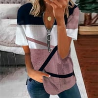 Жени ежедневни геометрия отпечатана тениска с цип блуза къса ръкав Разхлабен пуловер Топ прости улични дрехи
