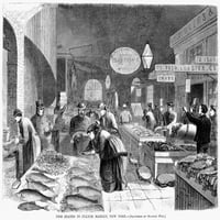 Fulton Fish Market, 1869. N'fish стои на Fulton Fish Market, Ню Йорк. Гравиране на дърва, американска, 1869. Плакатен печат от