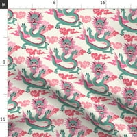 Памучна сатена покривка, 90 квадрат - Дракон Цветна чинозерия Розови зелени облаци Китайски аква вдъхновена година на лунната печат по поръчка на масата с лъжица