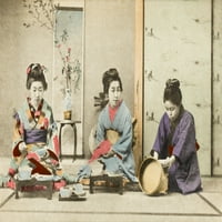 Три момичета от Geisha, ядат отпечатък от плакат за хранене от Мери Еванс Гренвил Колинс Колекция пощенски картички