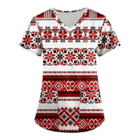 Женски ризи женски етнически отпечатани с къси ръкави върхове работни джобни блуза червена xxxll