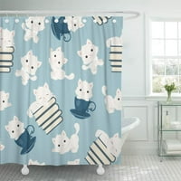 Игриви котета безпроблемни шаблони бели котки на синя фон за душ завеса
