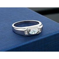 Gem Stone King Мъжки сребърно небесно синьо аквамарин и бяло създадено сапфирен пръстен