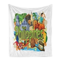 Phillipine Soft Flannel Fleece Bendle, цветна илюстрация на Doodle, показваща архитектура и култура на Филипините, уютен плюш за закрито и на открито, 70 90