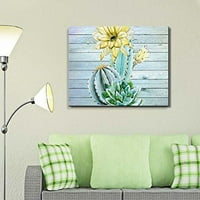 Стената - акварелни илюстрации на кактус и жълти цветя над дървени панели - платно изкуство домашно изкуство