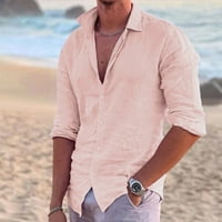 Мъжки ризи Pgeraug Памучно бельо Solid Plus Size Loose Clow Down Collar с дълъг ръкав поло ризи за мъже розово 3xl