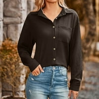 Плюс размери върхове за жени есен с дълъг ръкав хлабав джобни копчета за ревери с текстурирана риза отгоре