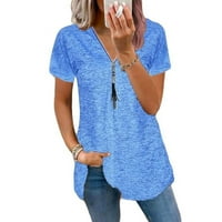 Дамски блузи Женски случайни модни солидни цветни масиви с цип V-образно деколте с къси ръкави сини m