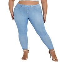 Luxplum жени фалшиви дънки с висока талия на талията отпечатък с големи размери отпечатани отпечатани панталони за разтягане, работещи с молив панталони светло синьо 6xl