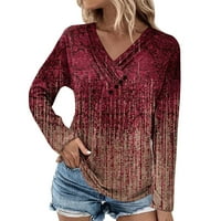 Връщане плюс размери върхове за жени с дълъг ръкав от свободното време пуловер върхове v-образни графични щампи дамски ризи вино xl