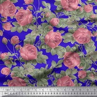 Soimoi Blue Japan Crepe Satin Leaves Leaves & Rose Flower Print Sheing Fabric Bty Wide