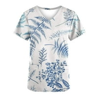 Ecqkame Womens Cracks върхове Тениска мода v-образно деколте лист лист печат с къс ръкав в джобна покривка отгоре върху хлабина син XL