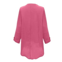 Ризи за жени с дълъг ръкав солидни разхлабени върхове с V-образно деколте розови l