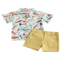 Hirigin Toddler Boys Summer Outfit Sits Комплекти с къс ръкав риза за печат + твърди цветове къси панталони
