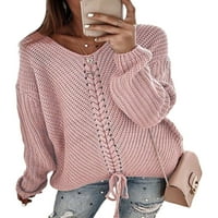 Lumento жени плетени пуловери v шия джъмпер върхове плътно цветен пуловер Дами свободен пуловер удобен дълъг ръкав розов L