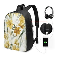 17 раница лаптоп, жълто флорално изкуство модна работа за пътуване с раница с USB и интерфейс за кабели за слушалки за мъже и жени