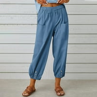 Usmixi Clearance се занимава с панталони за жени ежедневни панталони за дамски модна еластична талия твърдо памучно бельо дълги панталони винтидж памук спално бельо разпуснат бутон джогинг панталон с джоб