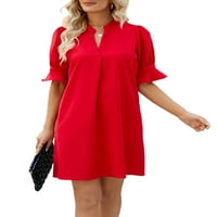 Rejlun жени слънчев разтвор солидна тениска рокля v шия къси мини рокли дами торбисти кафтан червен s