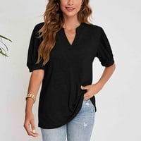 Дамски летни модни върхове солидни v-образно деколте с къс ръкав свободен пуловер черен m