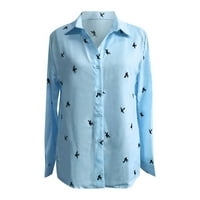 Жени с дълги ръкави върхове блуза комфорт за печат риза стил xxxl - синьо