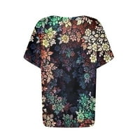 Ханас върти модерни нови тениски за жени, цветя и листа отпечатана блуза с кръгло деколте, копчета с къс ръкав джоб