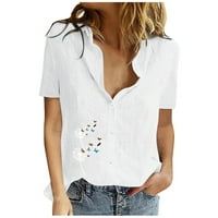 Ризи за копче за жени тениски ризи за жени Графичен къс ръкав бутон надолу свободно прилягане на памучно бельо Дамски блузи и върхове Облечени ежедневни върхове плаж класни Y2K меки основни бели L