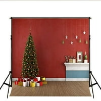 Полиестер весела коледна дърво декорации Фотография Фон Xmas Photo Backgrop Червена стена Fotostudio Achtergrond Дървен етаж Студио Фонд Снимки 7x5ft