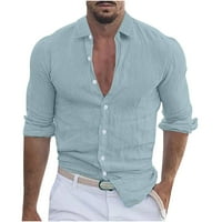 Мъжки памучни ленени ризи тренировка риза със солидна тениска с дълъг ръкав класически копче за ревера ежедневни ризи светло синьо