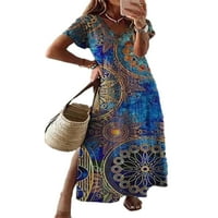 Glonme жени рокля с къс ръкав слънчев дрес флорален печат рокли лято ежедневно свободно v врат синьо 4xl