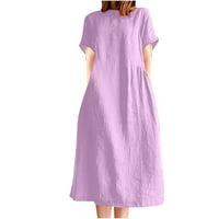 Женски лятен моден масивен цвят кръгла шия с къс ръкав памучен спално бельо лилаво m
