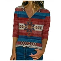 Жени блузи с дълъг ръкав жените с дълъг ръкав печат пуловер v-образен пуловер разхлабена риза блуза горна риза