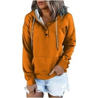 Scyoekwg есенна мода за женски бутон за суичър с теглене на пуловер с джобни върхове ежедневни разхлабени руно дълги ръкави върхове модерни големи качулки плътни цветове атлетични върхове жълти m