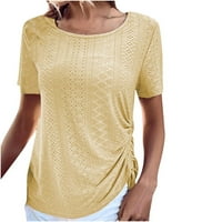 Работни блузи за жени Модни тегличи Tee Crewneck късо ръкав Небрежен издълбан от твърд цвят свободен жълт XXL