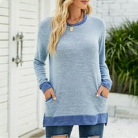 Женски пуловер кръгла шия твърд джобни джобни джобни върхове с дълъг ръкав