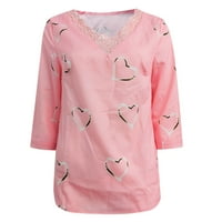 Графични тройници за жени модна любов отпечатани V-образни дантелени пачуърки за ръкав тениска върхове блуза розово l