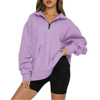 Женски суичър с половин цип ревера ежедневни пуловери без качулка пуловер солиден цвят дълги ръкави блуза върхове лилаво xxl