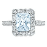 3.84ct изумруден изрязан синьо симулиран диамант 18k бяло злато гравиране на гравиране булчински годишнина годежен сватбен ореол размер 8.5