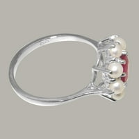 Британски направени стерлинги сребро естествен рубин и култивирани перлени женски пръстен - Опции за размер - размер 10