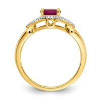 14K Жълто златен пръстен лента Gemstone Ruby Oval Red Diamond Round, размер 8