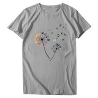 Huachen Women Fashion Flower Printing o-lect къса тениска разхлабена блуза горна риза, сива s