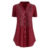 Penkiiy Fashion Women Небрежен плюс размер дантела солидни къси ръкави с v -образна риза блуза върхове t -ризи за жени извън огромно вино лято сделка