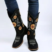 Женски западни средни телешки ботуши модни слънчогледови бродерия с цип обувки жени обувки