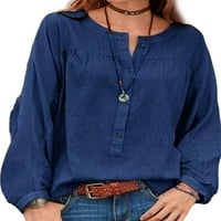 Въздушни жени небрежни дълги ръкави блуза свободен плътно цветен бутон V-образно деколте Henley риза