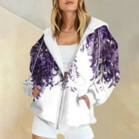 Жилетка за женски небрежен моден моден моден отпечатан отпечатани с дълги ръкави качулки цип суичърс палто лилаво xl