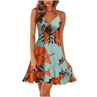Дамски рокли Clearance Sleeveless Sundress Midi рокля, модна отпечатана летна рокля с V-образна рокля оранжева 3XL