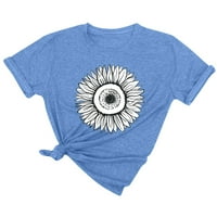 Женски летен небрежен хлабав слънчогледов щампа тениска кръгла врата пуловер къси ръкав в продажба синьо