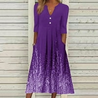 Летни рокли за жени модерни отпечатани V-образно деколте A-Line Средна дължина рокля от свободно време лилаво 4xl