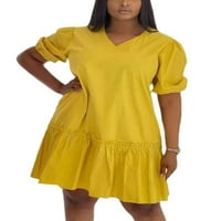 Lumento жени Sundress плътен цвят къси мини рокли v Врат с висока талия Плисий жълто 2xl