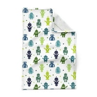 Отпечатана чаена кърпа, спално платно памучно платно - робот Машина Технология Космически звезди Geek Kids Blue Green Whimsical Decorive Kitchen Kidel от Spoonflower